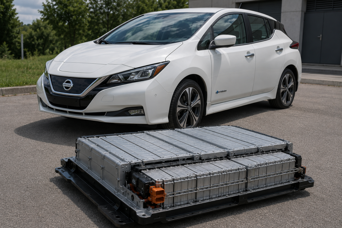 Знята тягова батарея Nissan Leaf лежить на асфальті перед білим електромобілем Nissan Leaf на відкритому майданчику