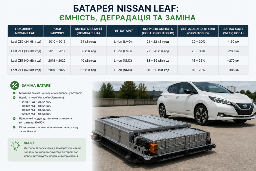 Інфографіка про акумулятори Nissan Leaf: порівняльна таблиця чотирьох поколінь із ємністю від 24 до 62 кВт·год, рівнем деградації та вартістю заміни
