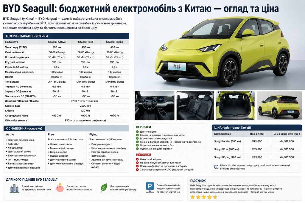 Детальна інфографіка про електромобіль BYD Seagull з технічними характеристиками трьох комплектацій, переліком оснащення, перевагами та недоліками і цінами для ринку Китаю та України