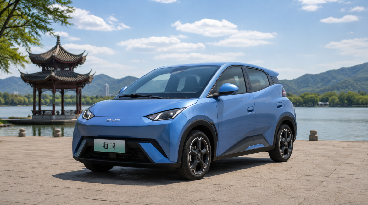 Компактний синій електромобіль BYD Seagull (Haiguo) припаркований на набережній поряд із традиційною китайською альтанкою та озером на тлі гір