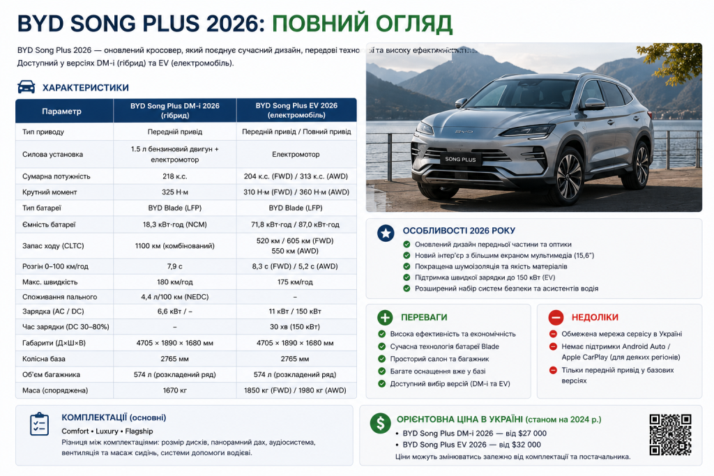 Інфографіка з повним оглядом BYD Song Plus 2026: порівняння версій DM-i та EV, технічні характеристики, особливості, переваги, недоліки та ціни від $27 000