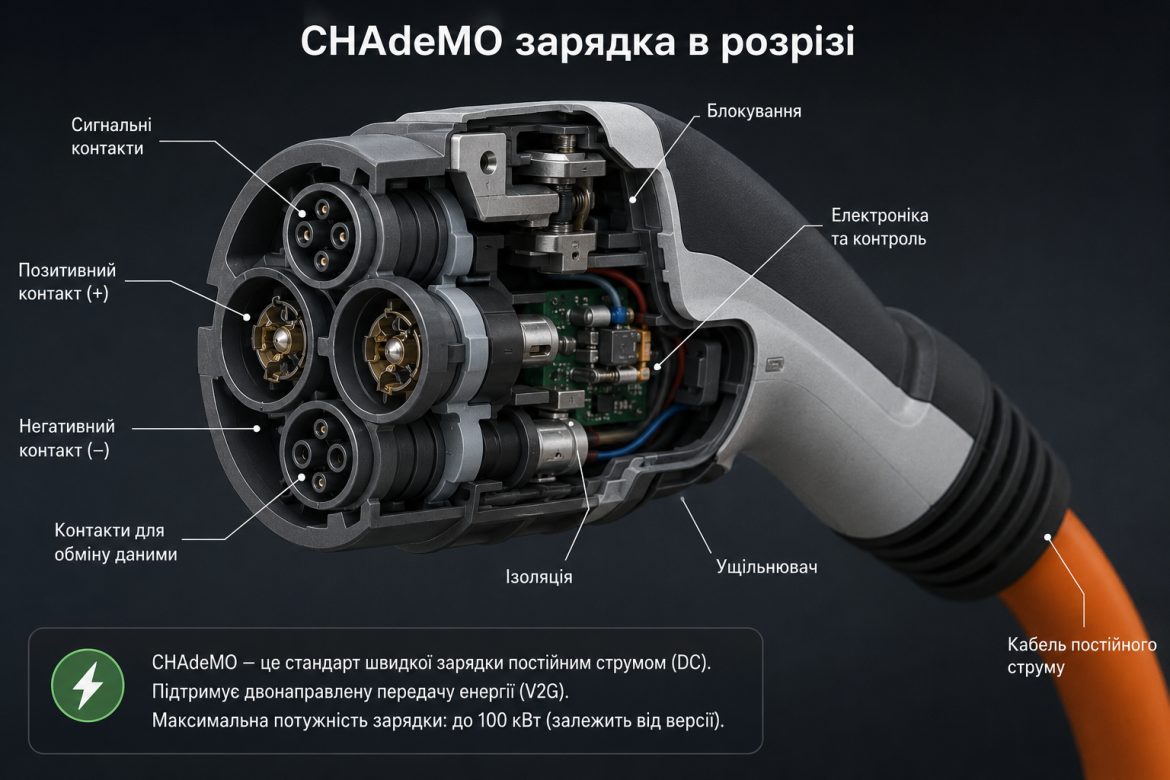 Детальний розріз зарядного роз'єму CHAdeMO з підписами всіх ключових елементів: контакти, електроніка, ізоляція, ущільнювач та кабель постійного струму