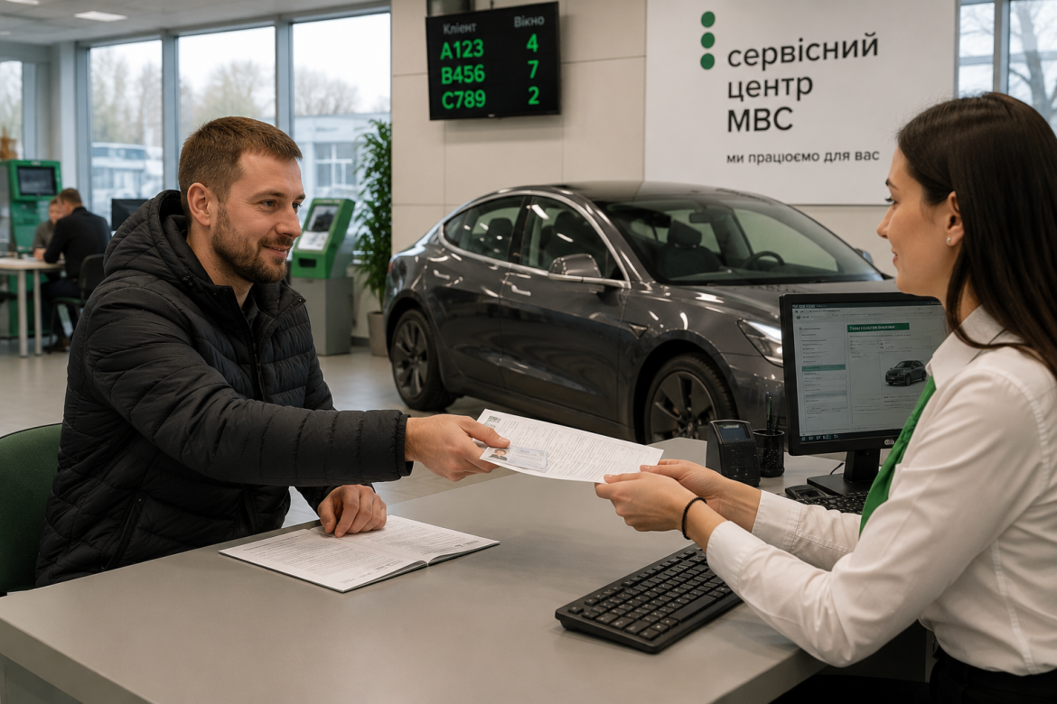 Чоловік подає документи жінці-співробітнику за стійкою сервісного центру МВС, на задньому плані — сірий електромобіль Tesla