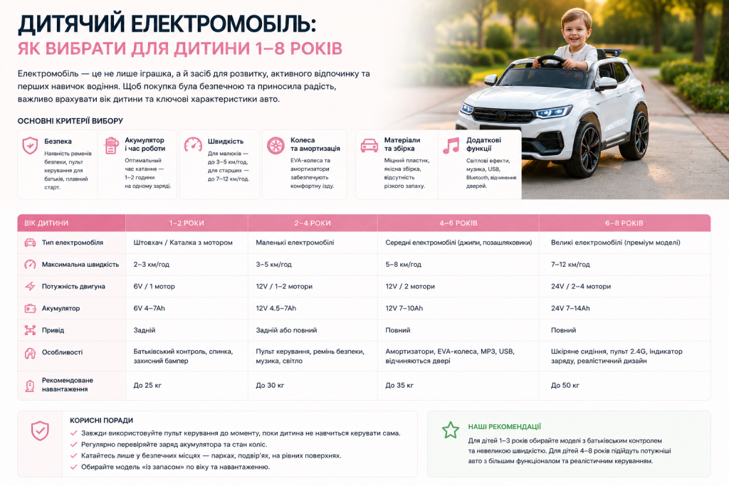 Інфографіка з критеріями вибору дитячого електромобіля: порівняльна таблиця за віком від 1 до 8 років, типи моделей, характеристики та поради батькам