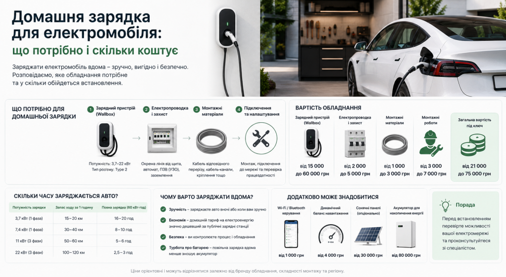 Інфографіка про домашню зарядку електромобіля: обладнання, вартість встановлення та час зарядки
