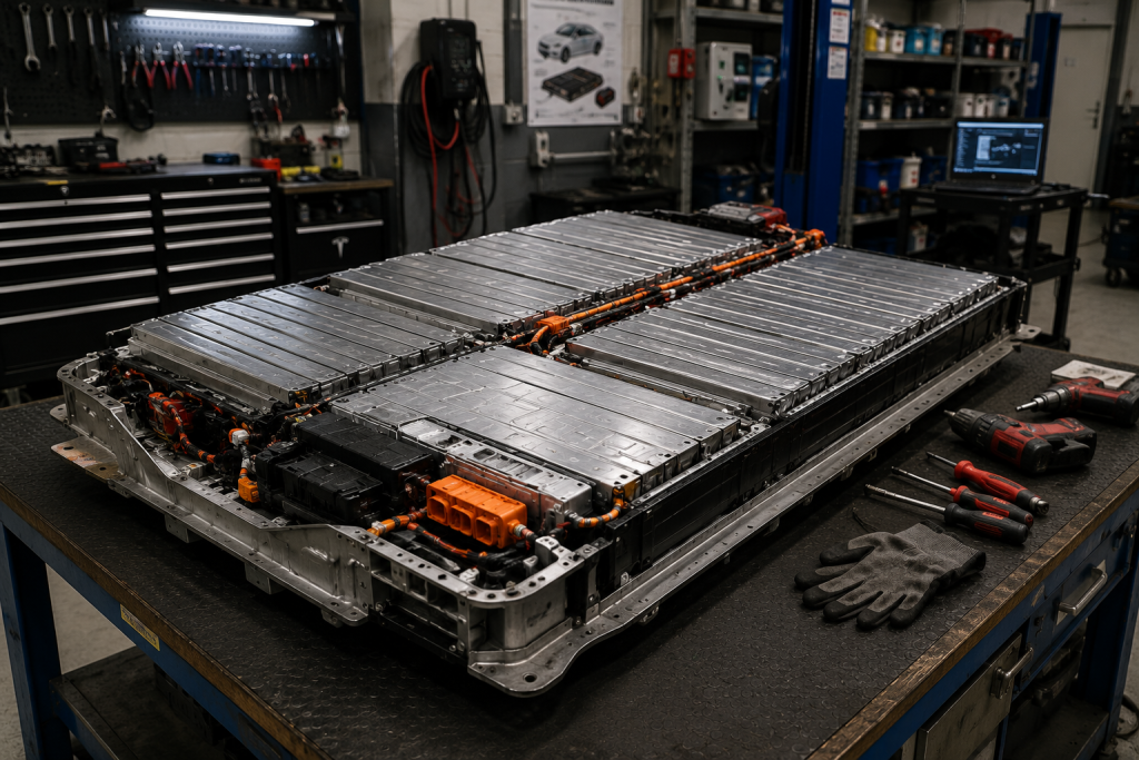 Високовольтна батарея електромобіля Tesla розкладена на робочому столі в майстерні поряд з інструментами та захисними рукавичками