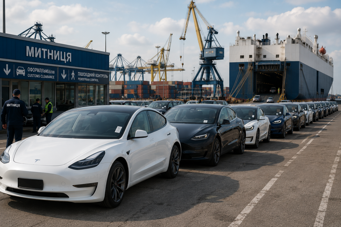 Ряд електромобілів Tesla різних кольорів на митному терміналі українського морського порту, на задньому плані — вантажне судно та крани