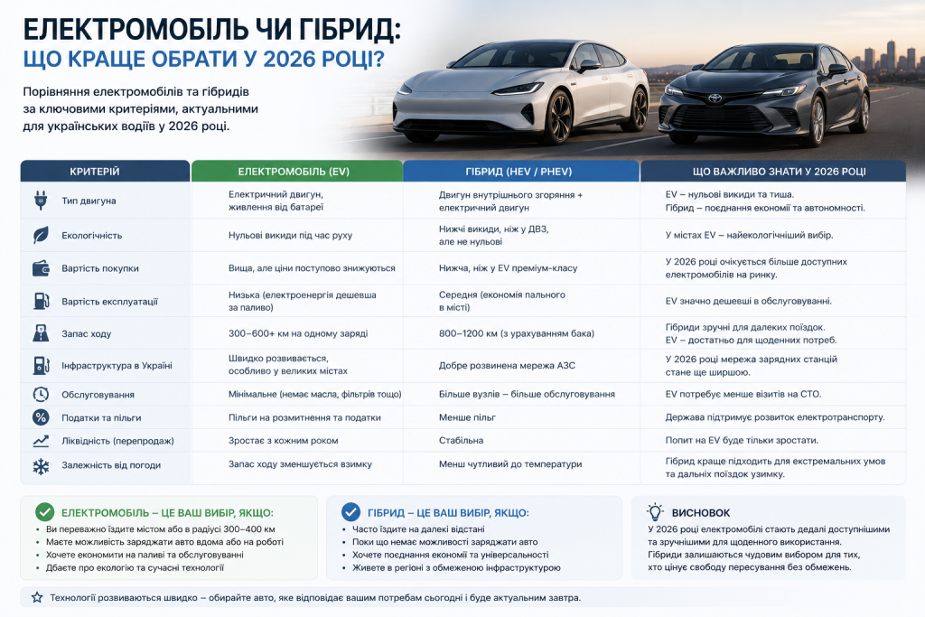 Інфографіка з порівнянням електромобіля та гібрида за 10 критеріями для українських водіїв у 2026 році з рекомендаціями щодо вибору