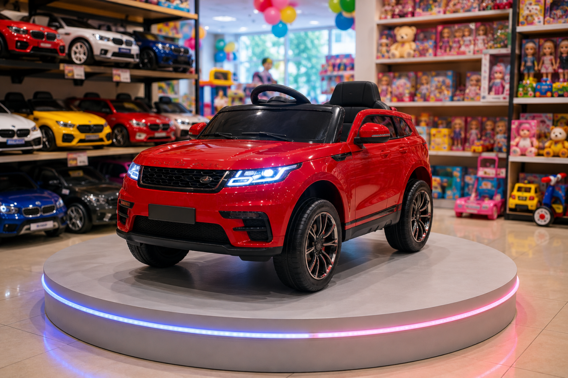 Червоний дитячий електромобіль у стилі Range Rover на підсвіченому постаменті в магазині іграшок серед інших моделей на полицях