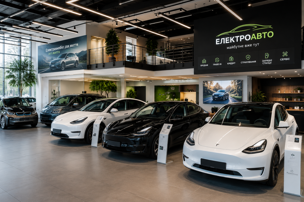 Сучасний автосалон електромобілів з кількома моделями Tesla та BMW на виставковому майданчику і написом «ЕлектроАвто» на стіні