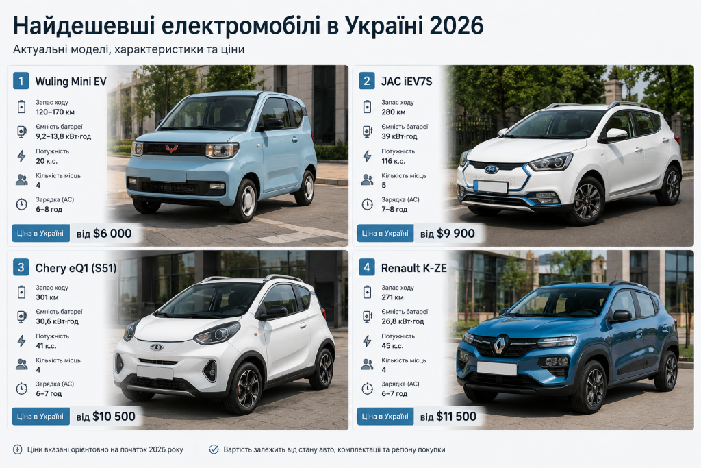 Інфографіка з чотирма найдешевшими електромобілями в Україні у 2026 році: Wuling Mini EV, JAC iEV7S, Chery eQ1 та Renault K-ZE з цінами та характеристиками