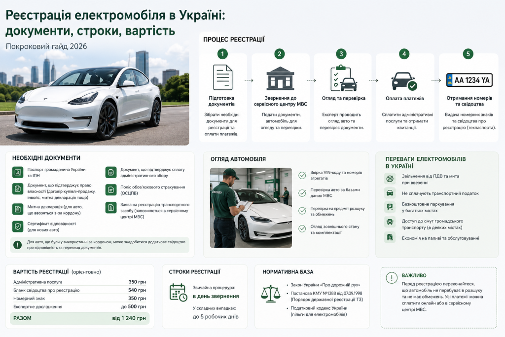 Інфографіка про реєстрацію електромобіля в Україні: покроковий процес, необхідні документи, вартість від 1 240 грн та переваги електрокарів