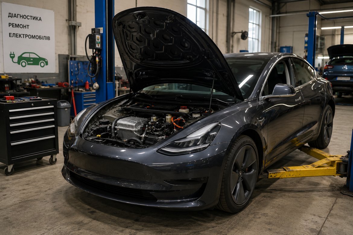Сірий електромобіль Tesla з відкритим капотом на підйомнику в сервісному центрі діагностики та ремонту електромобілів