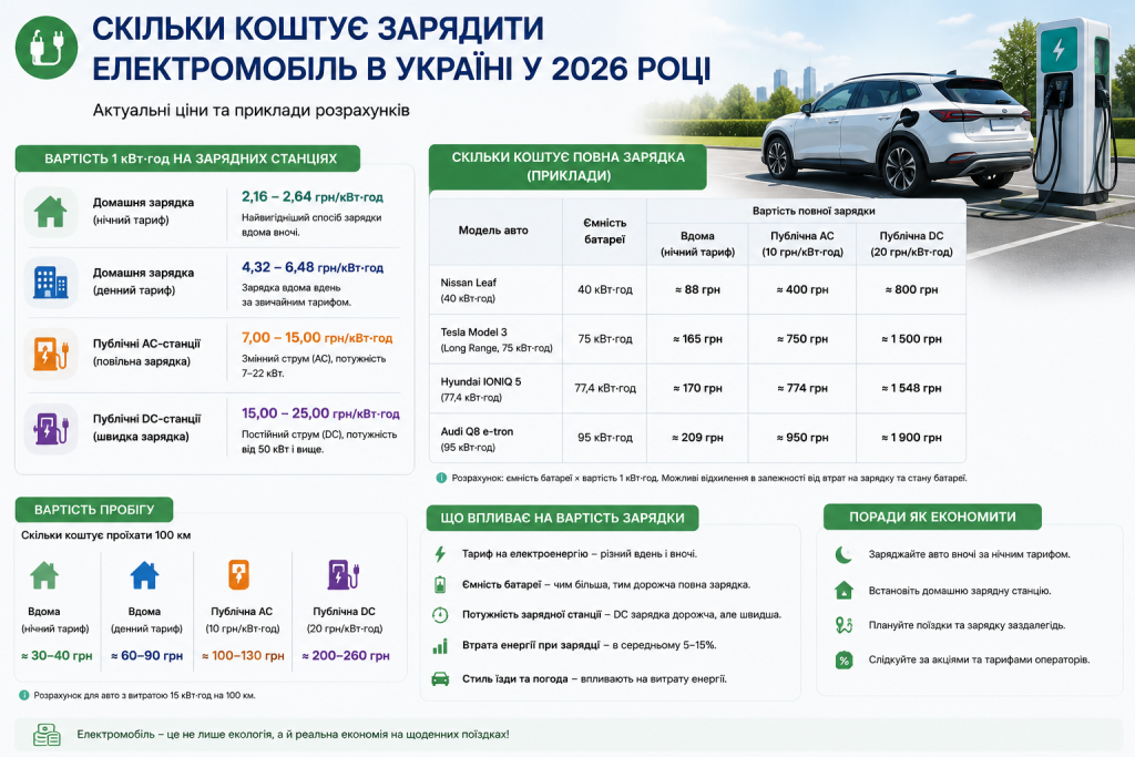 Інфографіка з тарифами на зарядку електромобіля в Україні: домашня та публічна зарядка, порівняння вартості для різних моделей авто