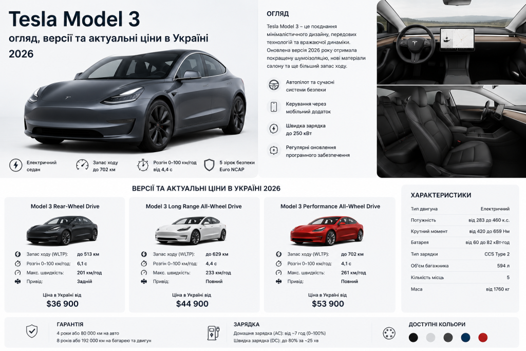 Інфографіка з оглядом Tesla Model 3: характеристики, три комплектації з цінами від $36 900, інтер'єр та доступні кольори
