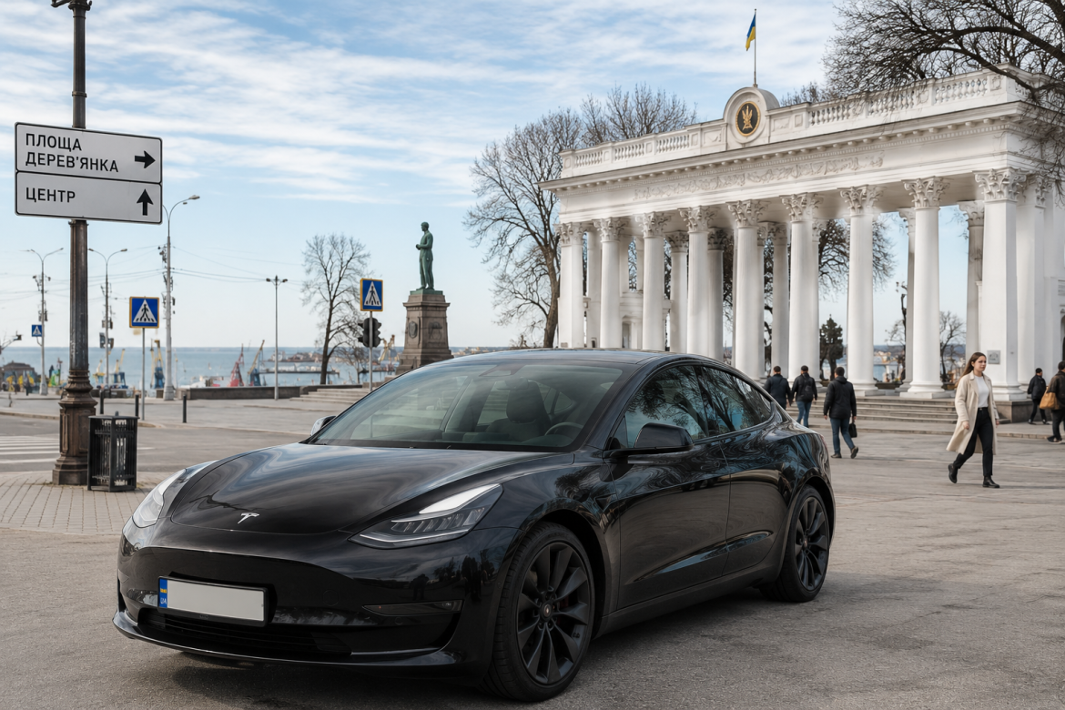 Чорна Tesla Model 3 припаркована в центрі Одеси на тлі Воронцовської колонади та пам'ятника, на флагштоку — прапор України