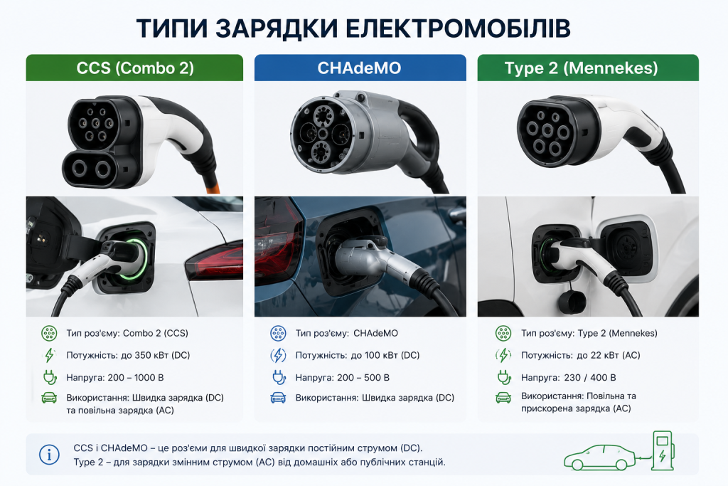 Інфографіка з порівнянням трьох типів зарядних роз'ємів для електромобілів: CCS Combo 2, CHAdeMO та Type 2 Mennekes — з фото та характеристиками