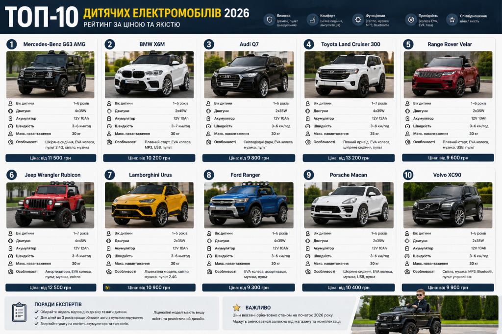 Інфографіка з рейтингом десяти найкращих дитячих електромобілів 2026 року: Mercedes G63, BMW X6M, Audi Q7, Toyota Land Cruiser 300 та інші з цінами від 9 300 грн