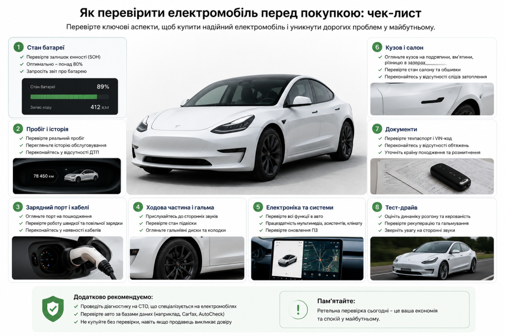 Інфографіка з чек-листом перевірки електромобіля перед покупкою: батарея, пробіг, зарядний порт, ходова, електроніка, кузов, документи та тест-драйв