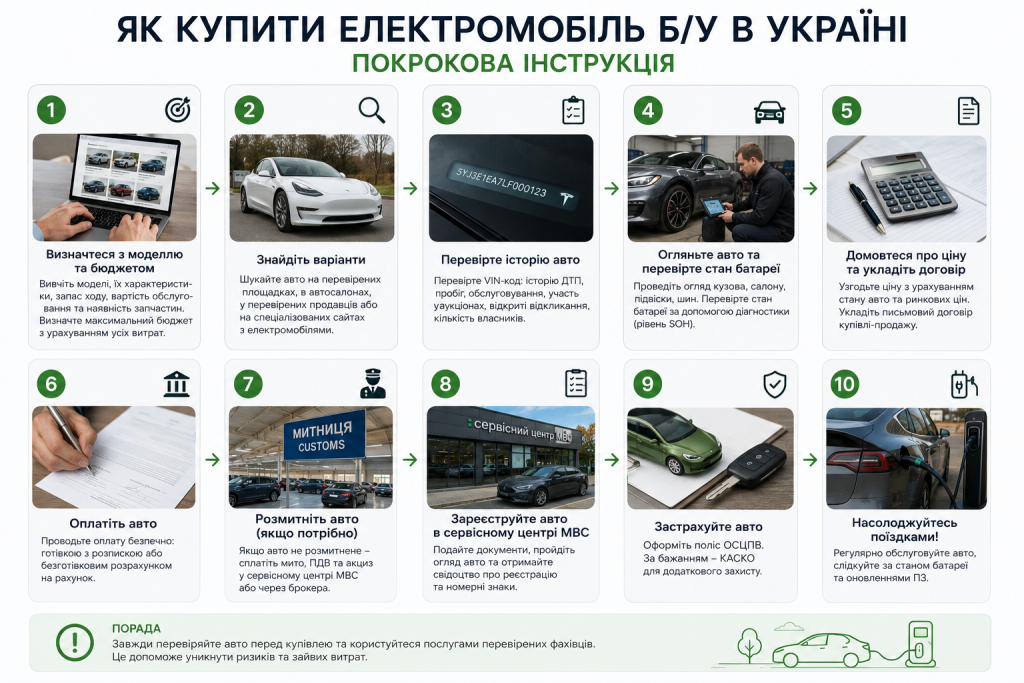 Інфографіка з 10 кроками купівлі вживаного електромобіля в Україні: від вибору моделі та пошуку до страхування та насолоди поїздками