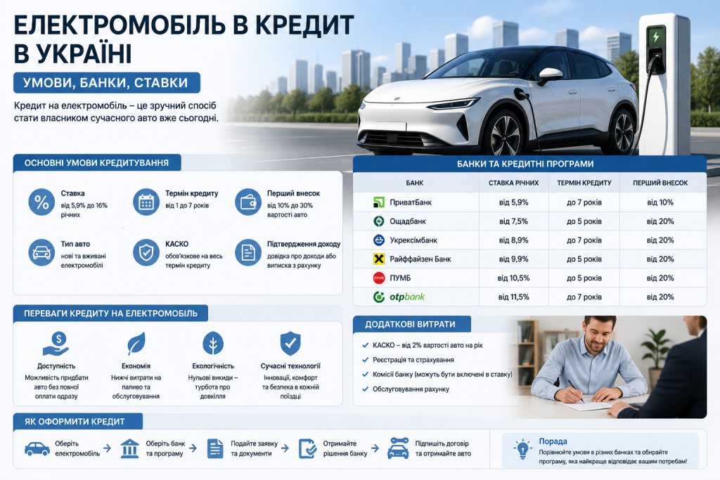 Інфографіка про кредит на електромобіль в Україні: умови фінансування, порівняння банківських програм від ПриватБанку, Ощадбанку та інших, ставки від 5,9%