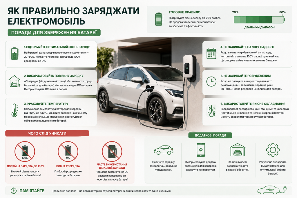 Інфографіка з шістьма порадами щодо правильної зарядки електромобіля, рекомендованим діапазоном заряду 20–80% та переліком того, чого слід уникати
