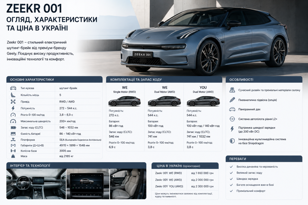 Інфографіка з оглядом електромобіля Zeekr 001: три комплектації, технічні характеристики, особливості та орієнтовні ціни в Україні від 1 650 000 грн