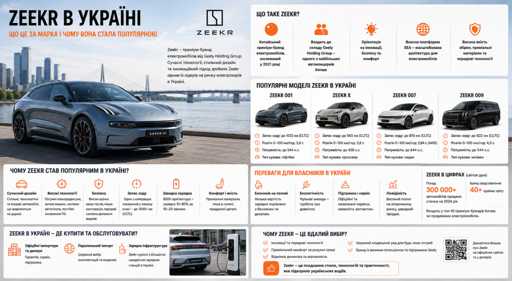 Інфографіка про електромобілі Zeekr в Україні — огляд бренду, популярні моделі 001, X, 007 та 009 з характеристиками, переваги для власників та інформація де купити