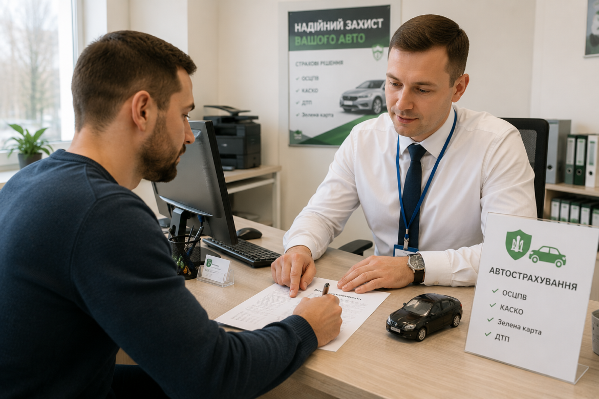 Чоловік підписує договір автострахування в офісі страхової компанії