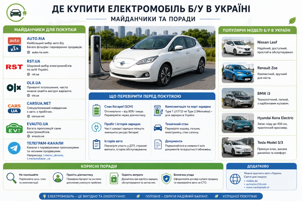 Інфографіка з майданчиками для покупки вживаних електромобілів та порадами