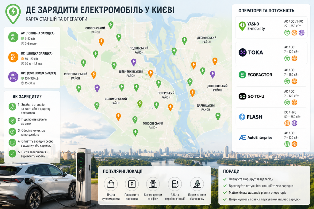 Інфографіка з картою зарядних станцій для електромобілів у Києві та списком операторів