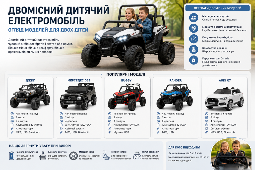 Інфографіка з оглядом моделей двомісного дитячого електромобіля: Джип, Мерседес G63, Buggy, Ranger, Audi Q7