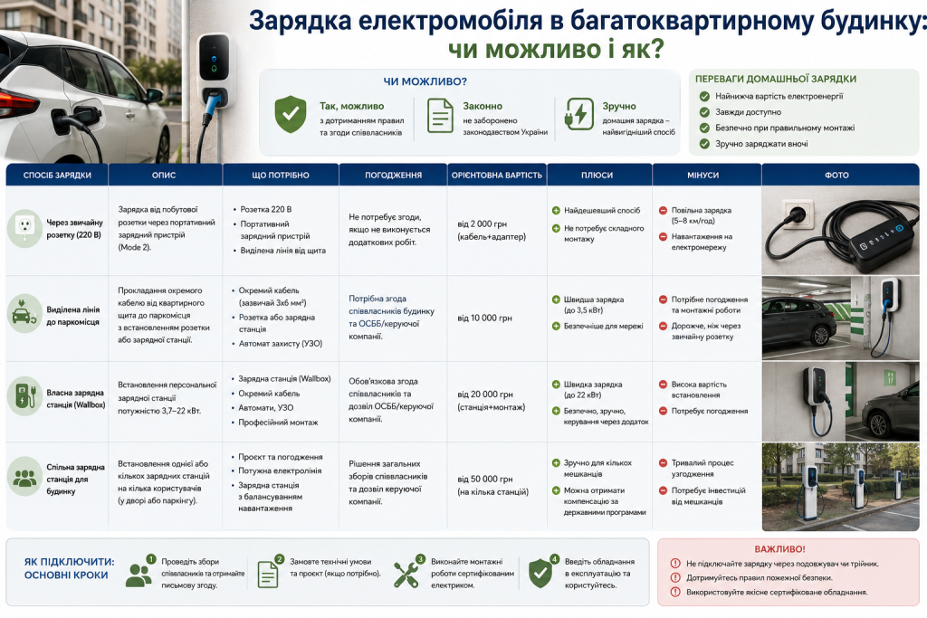 Інфографіка про способи заряджання електромобіля в багатоквартирному будинку, їхні переваги та вимоги.