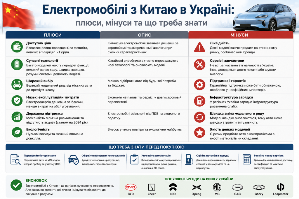 Інфографіка про переваги та недоліки китайських електромобілів в Україні