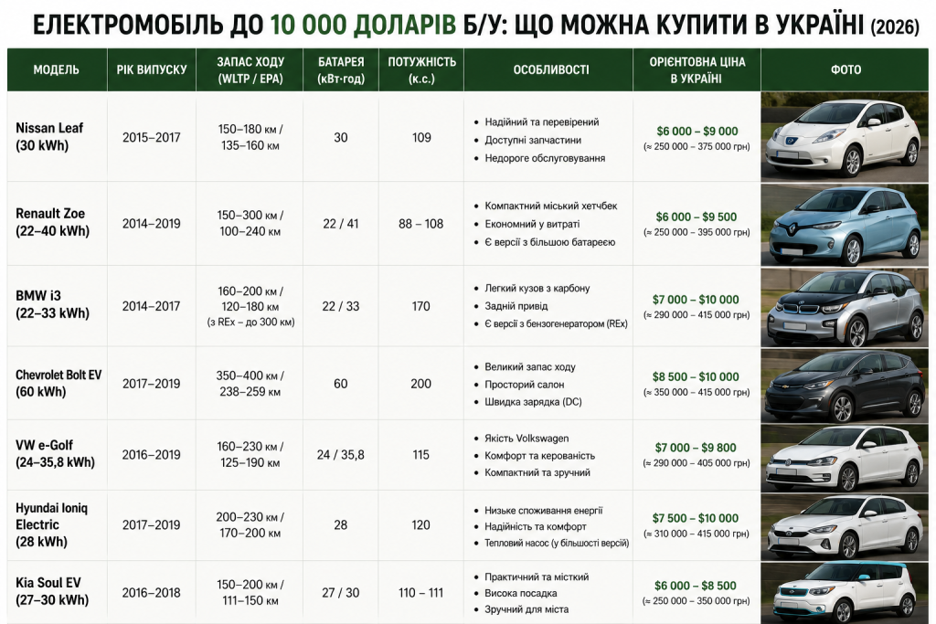 Інфографіка з добіркою вживаних електромобілів до 10 000 доларів. Порівняння моделей за запасом ходу, батареєю, потужністю, особливостями та орієнтовними цінами в Україні.