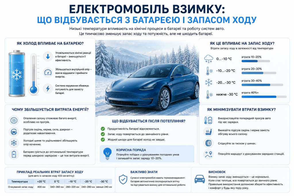 Інфографіка про вплив холоду на батарею електромобіля та втрату запасу ходу взимку
