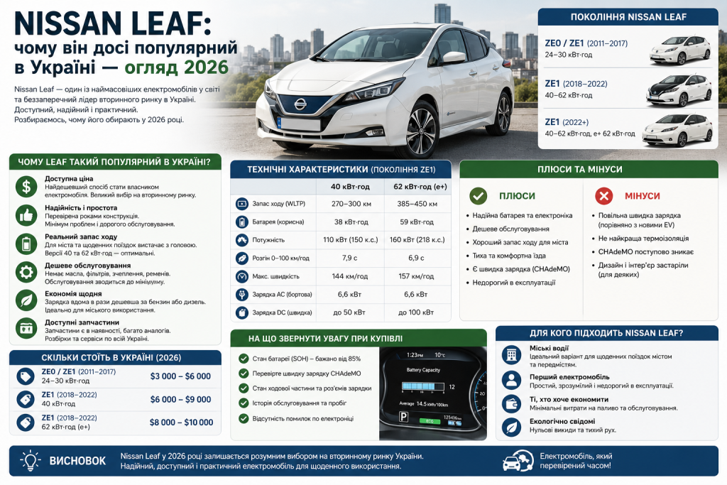 Інфографіка про Nissan Leaf із характеристиками, перевагами, недоліками, поколіннями, цінами та рекомендаціями щодо вибору популярного електромобіля в Україні.