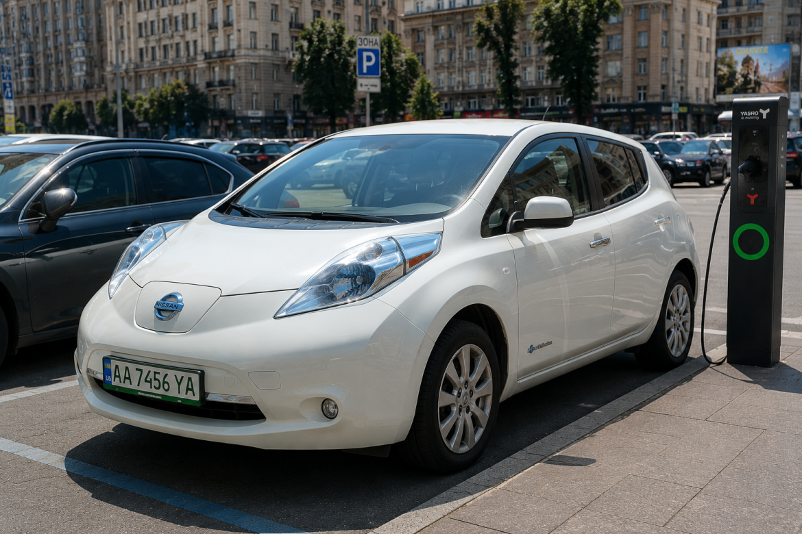 Білий Nissan Leaf припаркований біля міської зарядної станції. Фото ілюструє використання популярного електромобіля для щоденних поїздок містом та заряджання акумулятора.