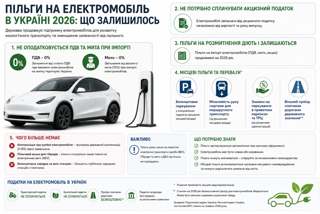 Інфографіка про податкові пільги, митні умови та переваги для власників електромобілів в Україні.