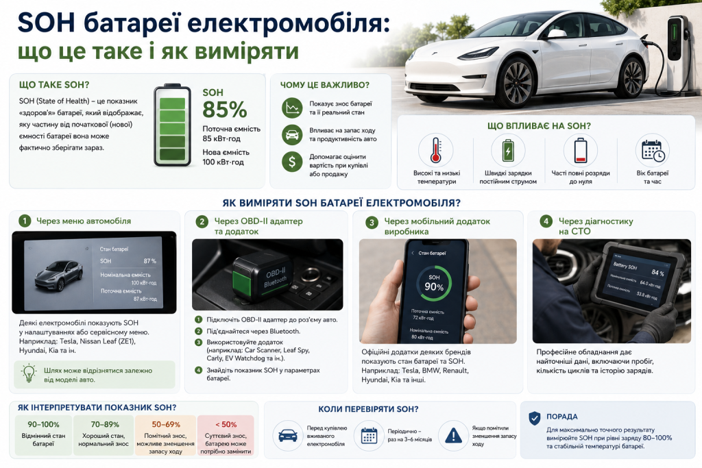 Інфографіка про показник SOH батареї електромобіля, способи перевірки та фактори, що впливають на стан акумулятора.