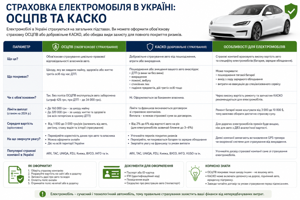 Порівняльна таблиця страхування електромобіля в Україні за полісами ОСЦПВ і КАСКО