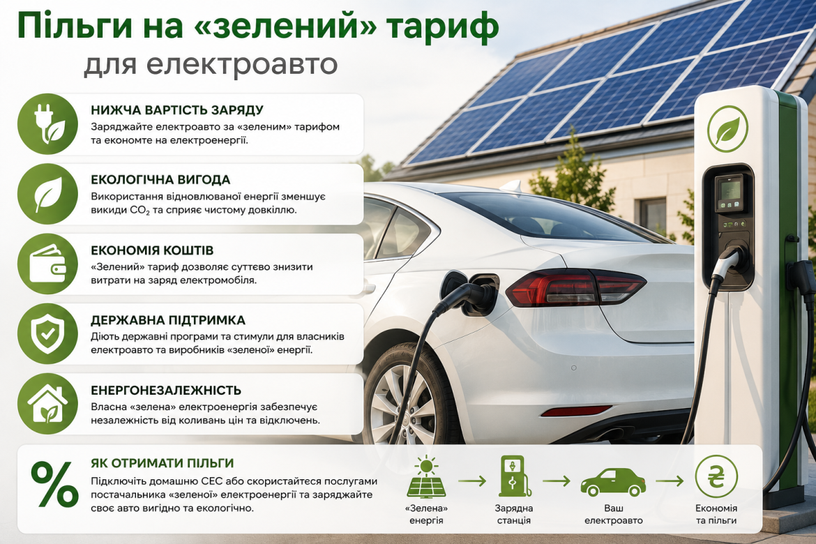 Інфографіка про використання зеленого тарифу для заряджання електромобіля та економію на електроенергії.