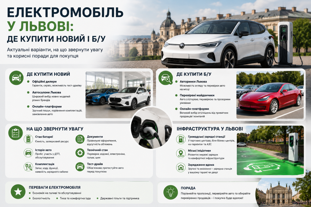 Інфографіка про купівлю нового та вживаного електромобіля у Львові, вибір авто та зарядну інфраструктуру