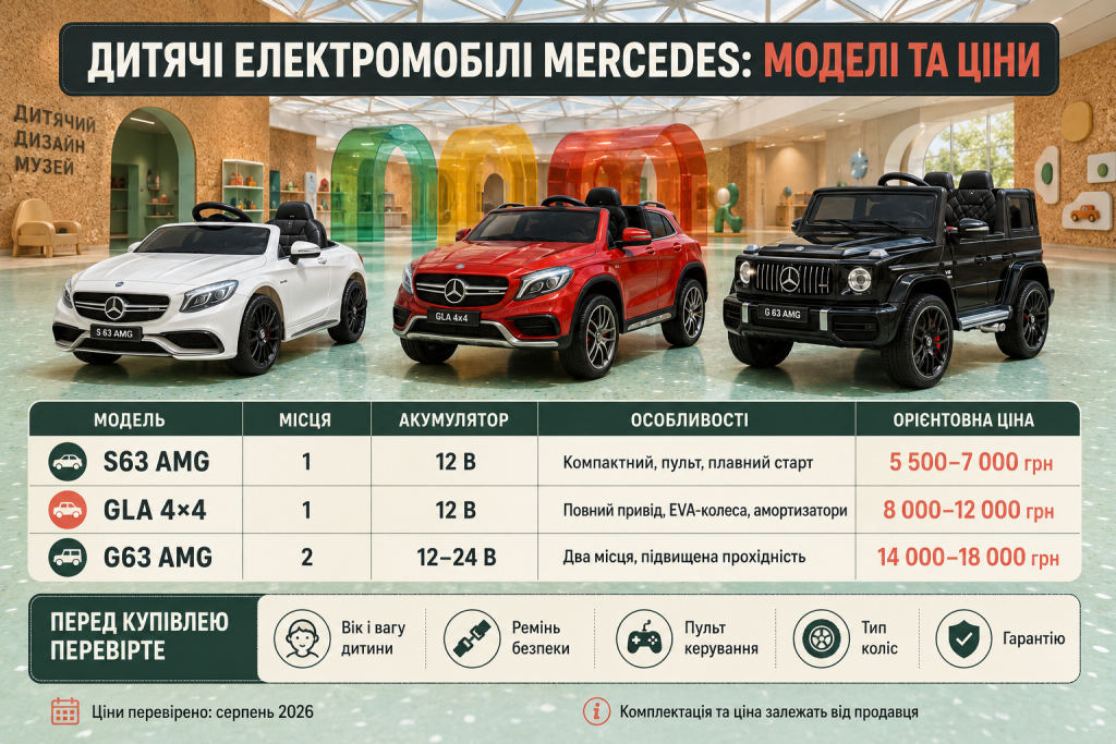 Інфографіка з порівнянням дитячих електромобілів Mercedes за моделями, кількістю місць, акумуляторами та ціною