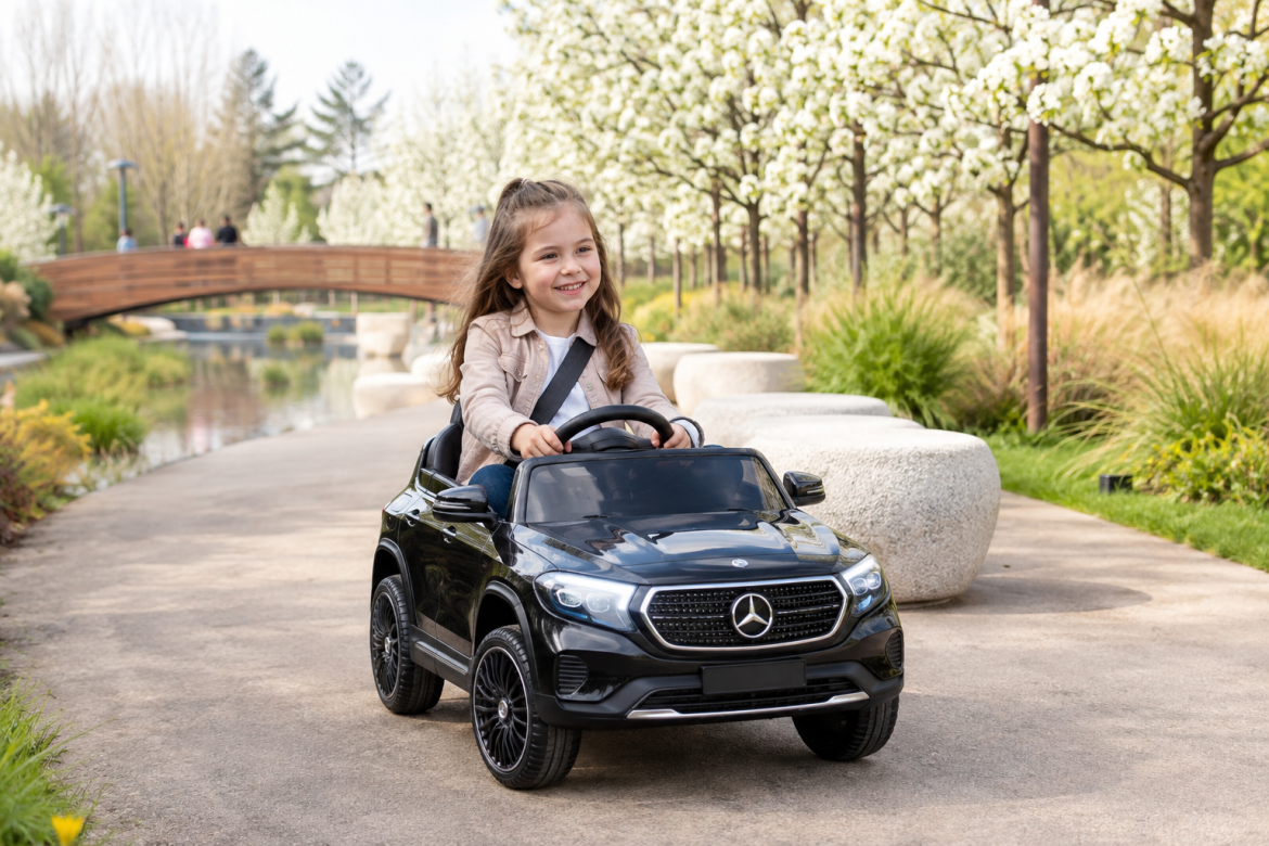 Усміхнена дівчинка їде на чорному дитячому електромобілі Mercedes парковою доріжкою