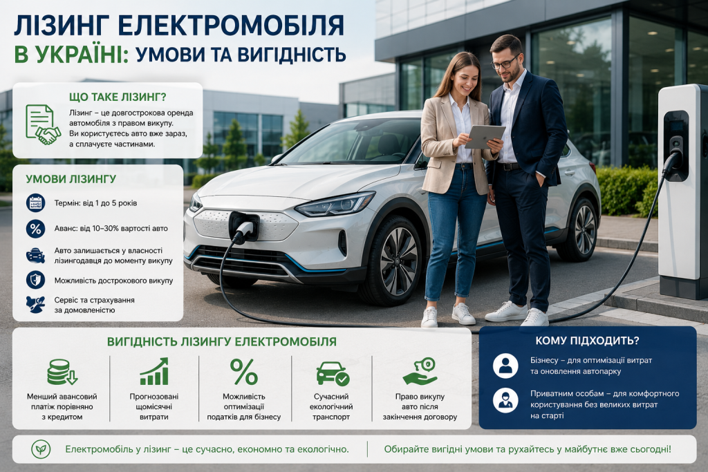 Інфографіка про умови, вигоди та оформлення лізингу електромобіля в Україні для бізнесу і приватних осіб