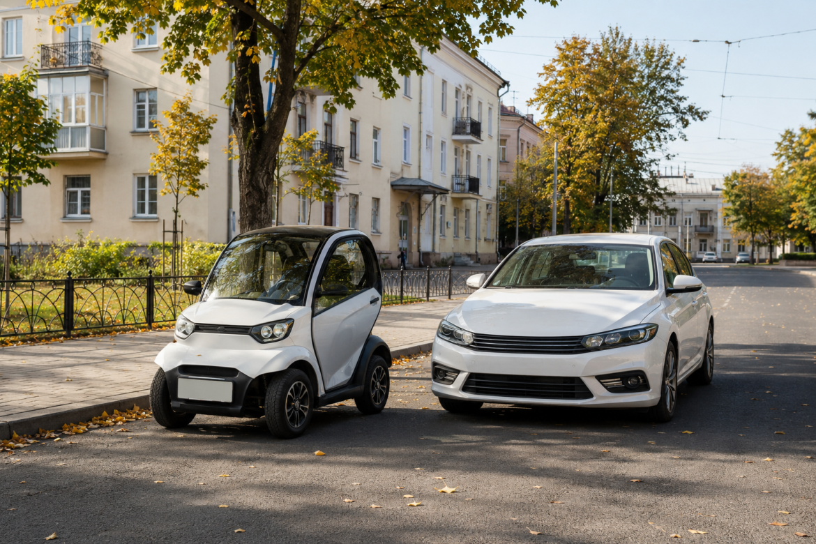 Компактний білий мініелектромобіль поруч зі звичайним легковим автомобілем на міській вулиці