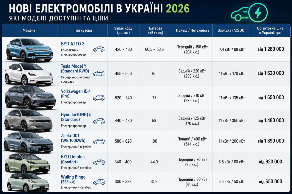 Порівняльна таблиця нових електромобілів 2026 року з даними про запас ходу, батарею, потужність, заряджання та ціни.