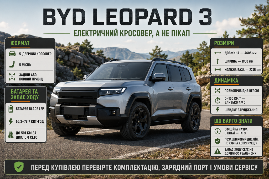 Інфографіка з характеристиками BYD Leopard 3, запасом ходу, розмірами, батареєю та динамікою