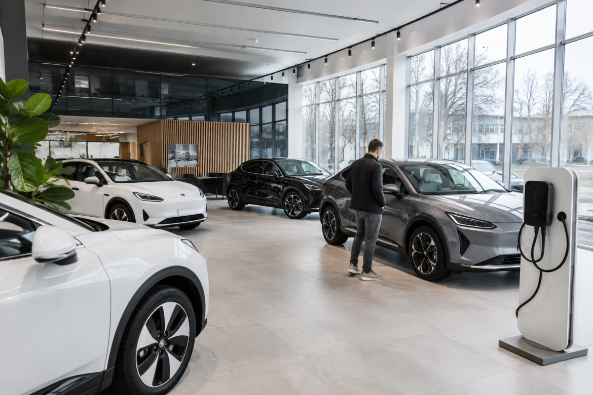 Покупець оглядає електромобілі у сучасному автосалоні, де представлені кілька моделей електричних кросоверів.